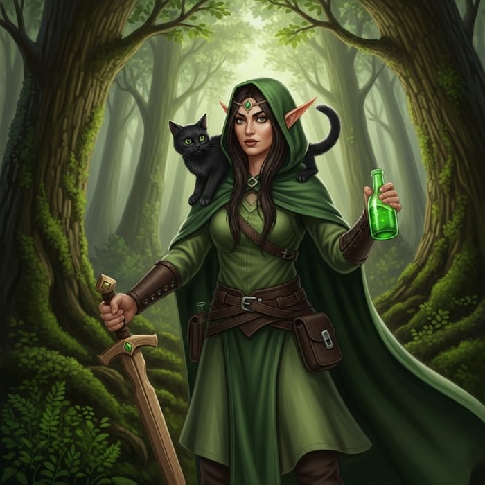 Enchanting Female Elf with Wooden Sword and Cat Enchanting Female Elf with Wooden Sword and Cat