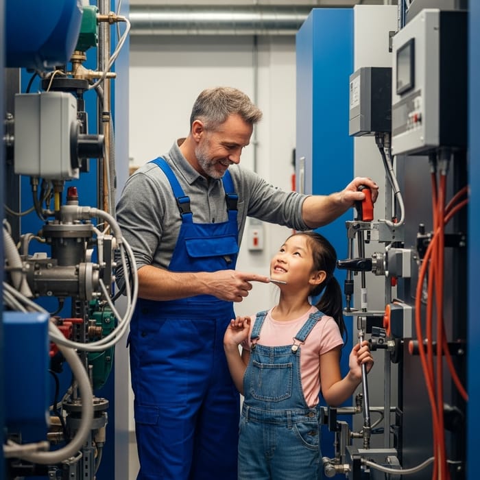 HVAC Technician & Daughter Flirting in Boiler Room