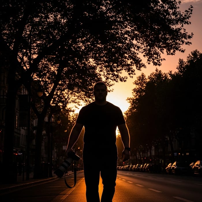 Silhouette of Robust Photographer Walking on Street