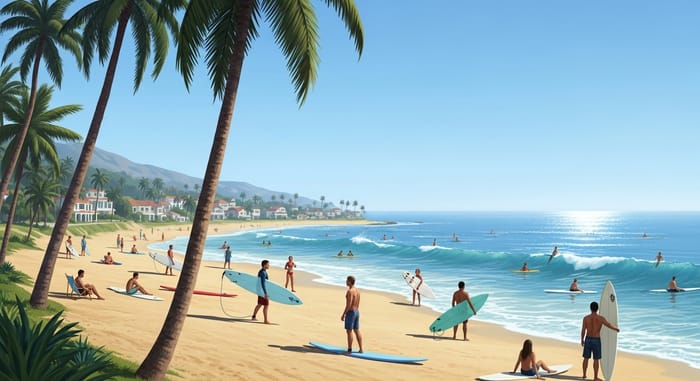 Diverse Surfers Enjoying Idyllic Beach Scene with Palm Trees and White Houses Diverse Surfers Enjoying Idyllic Beach Scene with Palm Trees and White Houses