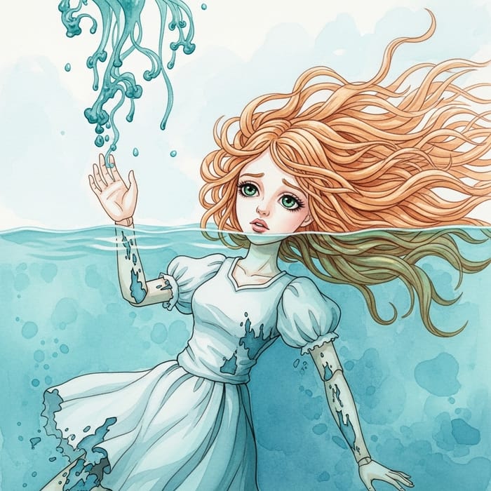 Enchanting Watercolor of a Surreal Drowning Paper Doll Enchanting Watercolor of a Surreal Drowning Paper Doll
