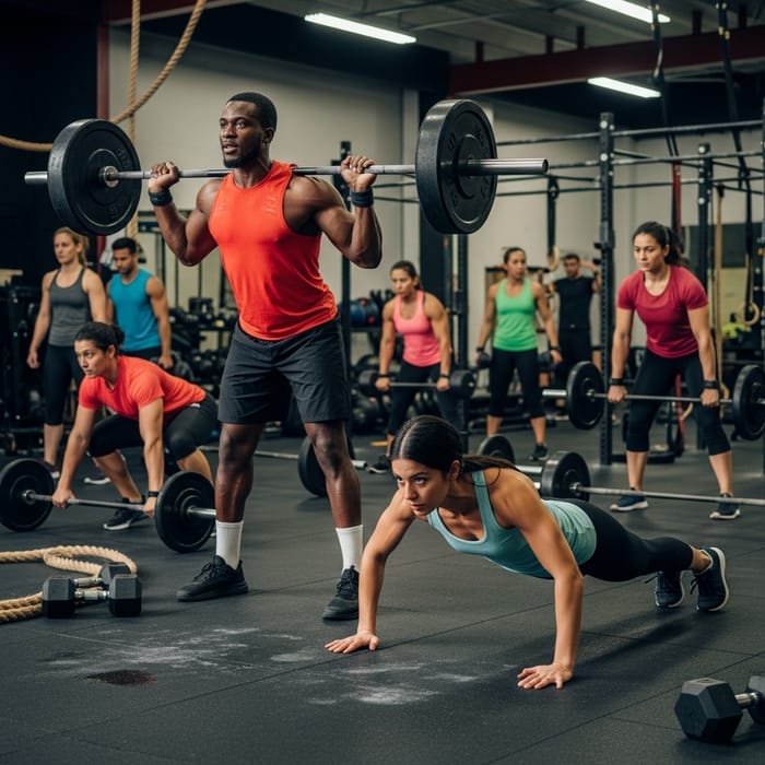 Energetic CrossFit Scene: Dynamic Athletes in Vibrant Environment Energetic CrossFit Scene: Dynamic Athletes in Vibrant Environment