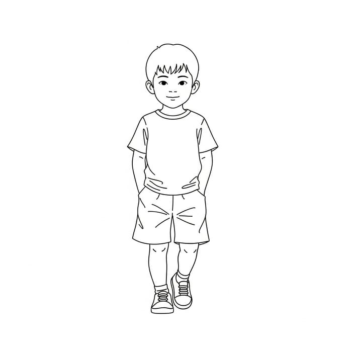 Casual 8-Year-Old Asian Boy Line Drawing Casual 8-Year-Old Asian Boy Line Drawing