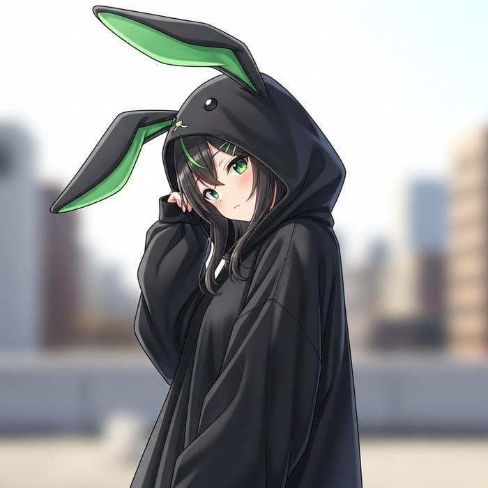 Anime-Style Girl in Black Sweatshirt with Green Rabbit Ears Anime-Style Girl in Black Sweatshirt with Green Rabbit Ears