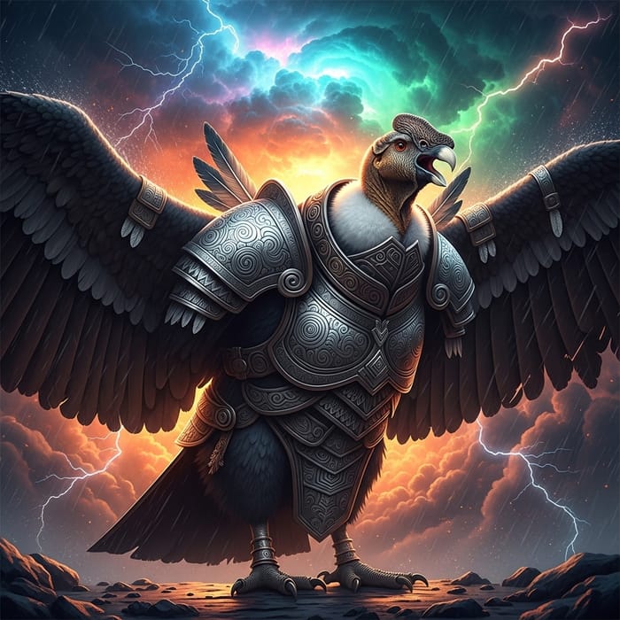 Majestic Condor in Stately Armor Facing Adversity of a Colorful Storm