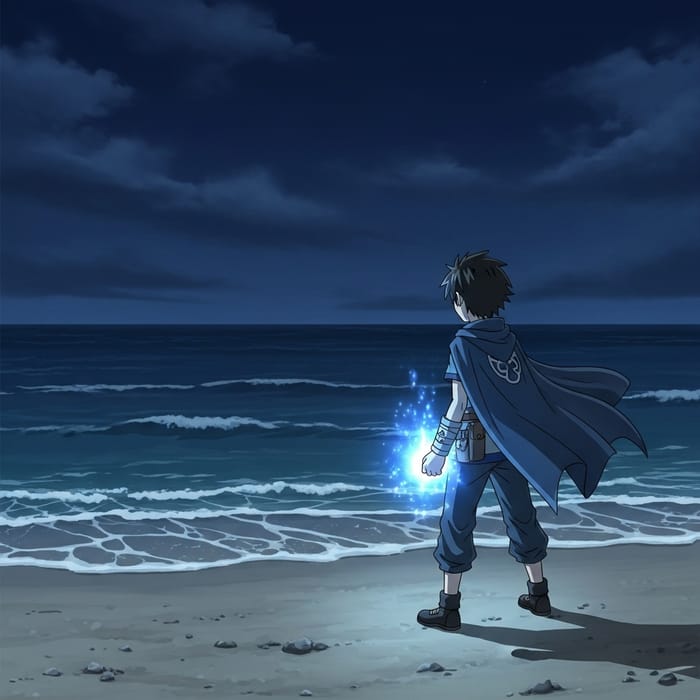 Powerful Boy Megumi Fushiguroiz Stands by Dark Ocean Shore | 4K View