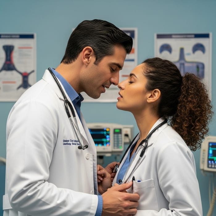 Male and Female Doctors Sharing a Tender Kiss