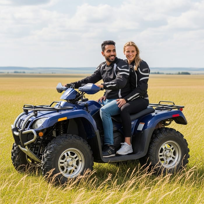 Man and Woman Couple Enjoy ATV Adventure Ride Man and Woman Couple Enjoy ATV Adventure Ride