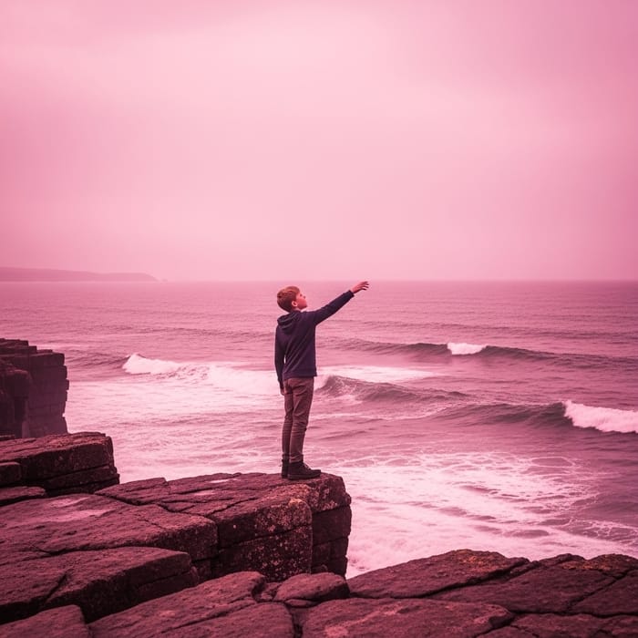 A Boy Reaching for the Sky on a Pink Cliff