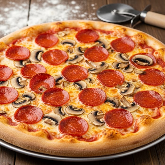 Classic Pepperoni and Mushroom Pizza with Rustic Charm Classic Pepperoni and Mushroom Pizza with Rustic Charm