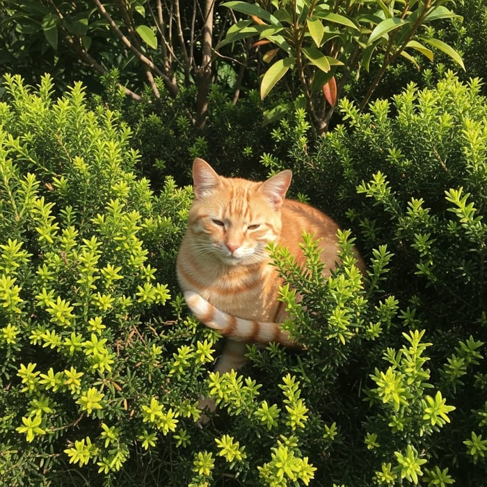 Ginger Cat Hiding in Lush Bushes