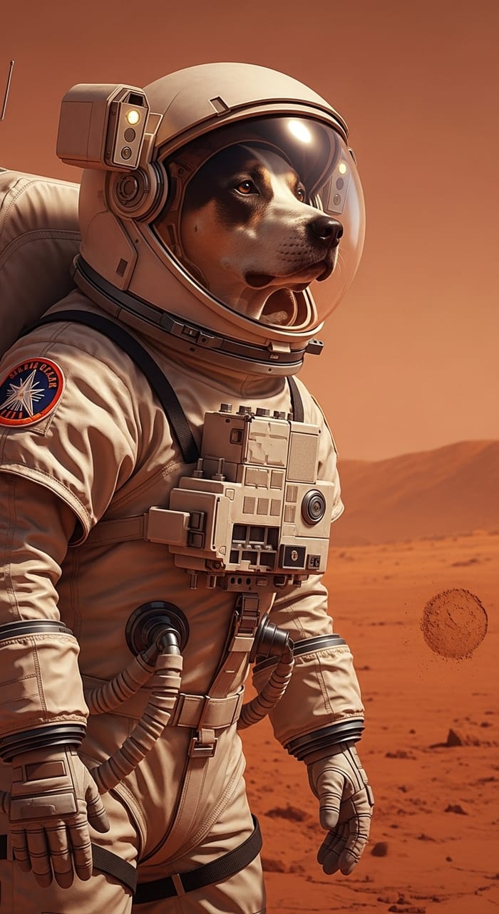 Intrepid Dog Astronaut in Space Suit with Mars Backdrop
