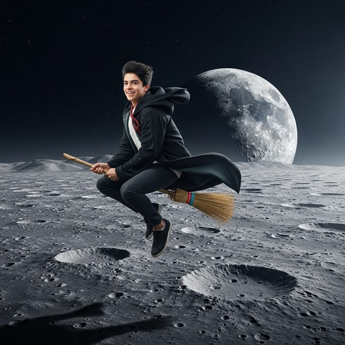 Hispanic Male Flying Broomstick Over Moon's Craters