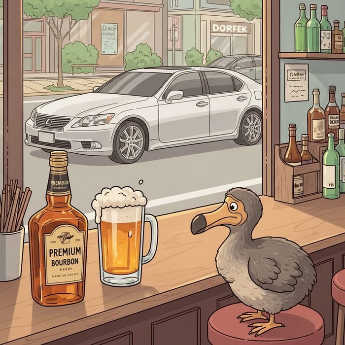 Cartoon Bar Scene: Beer, Bourbon & Dodo Bird Fun Cartoon Bar Scene: Beer, Bourbon & Dodo Bird Fun