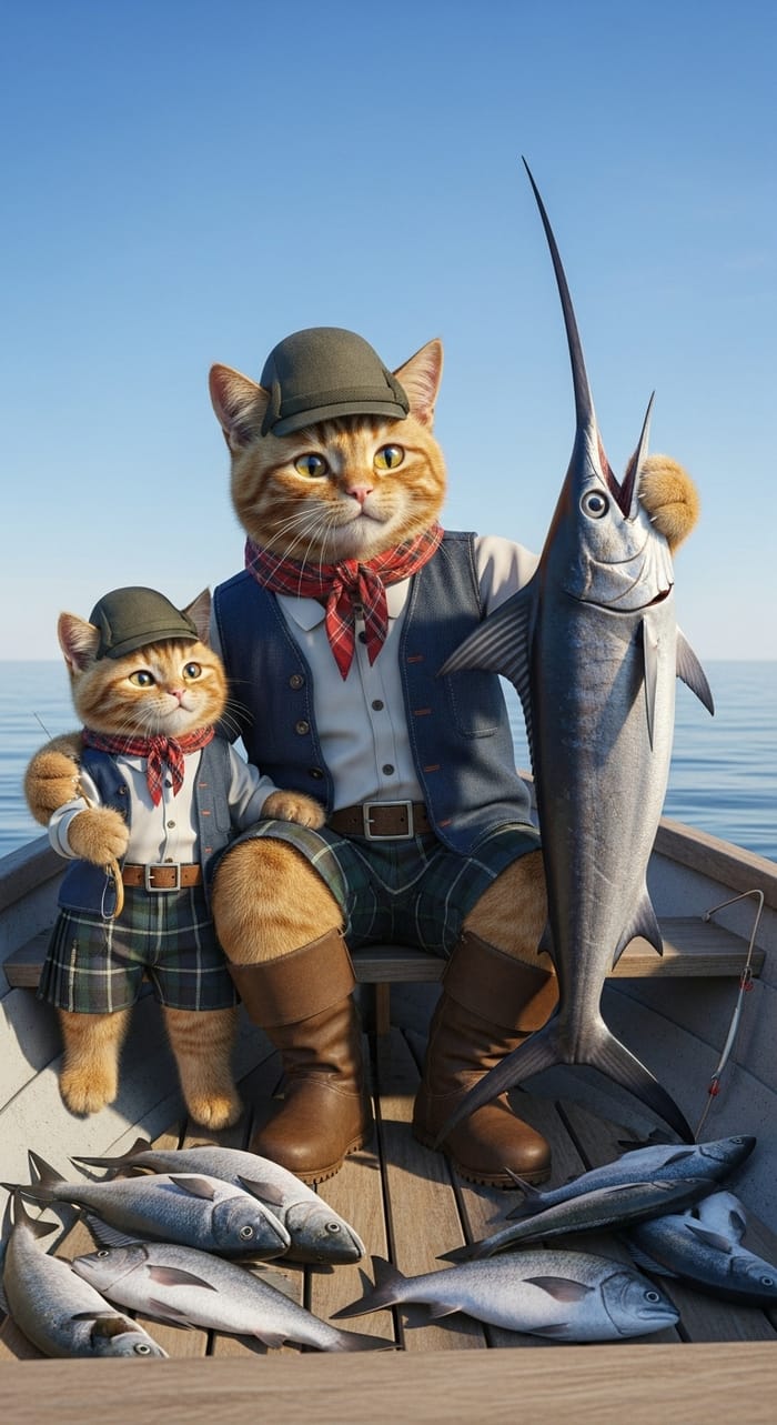 Adorable Ginger Scottish Cats Fishing in Realistic Style