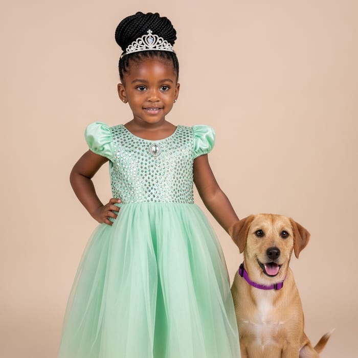 African Descent Girl in Sparkling Pastel Green Princess Dress African Descent Girl in Sparkling Pastel Green Princess Dress