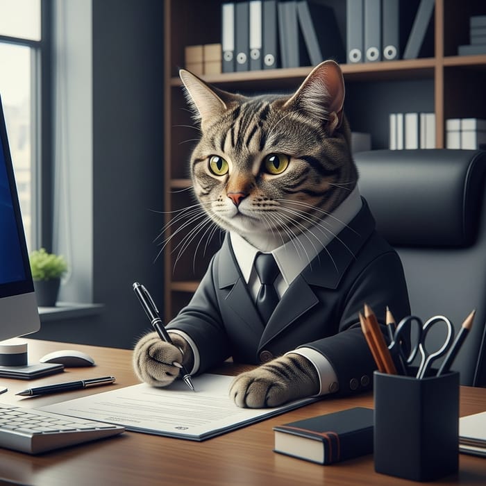 Cat in Office Jacket Completing Paperwork Cat in Office Jacket Completing Paperwork