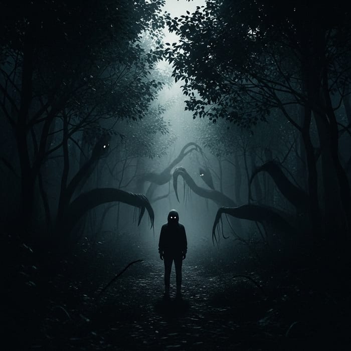 Eerie Figure in Abandoned Forest - Haunting, Unease, Shadows