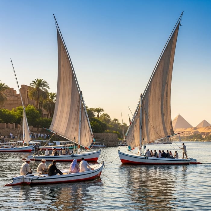 Egypt Nile Navigation: Scenes of Feluccas on the Shimmering River Egypt Nile Navigation: Scenes of Feluccas on the Shimmering River