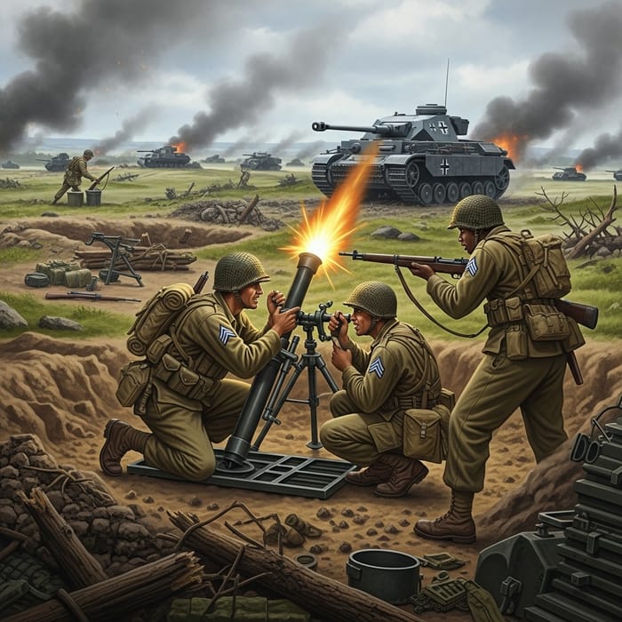 Intense WW2 Battlefield Scene: American Soldiers vs German Panzer Intense WW2 Battlefield Scene: American Soldiers vs German Panzer