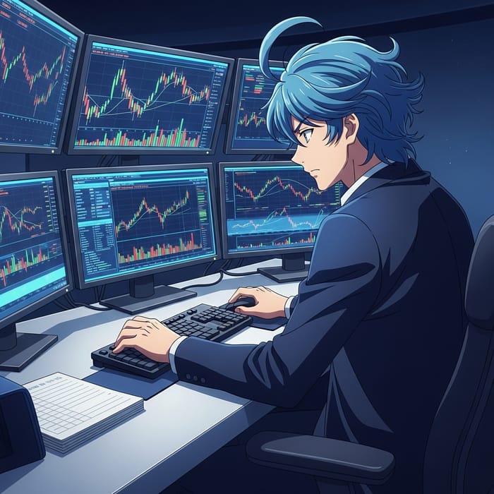 Anime Trader with Swirling Blue Hair