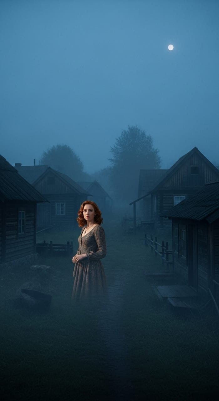 Enchanting Redhead in Nighttime Villagescape Enchanting Redhead in Nighttime Villagescape