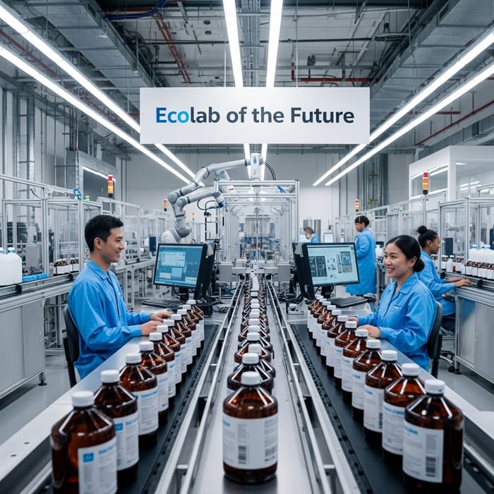 Futuristic Chemical Bottles Production Line with Autonomous Robots