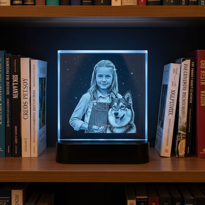 3D Engraving of Girl and Dog in Crystal Square on LED Base 3D Engraving of Girl and Dog in Crystal Square on LED Base