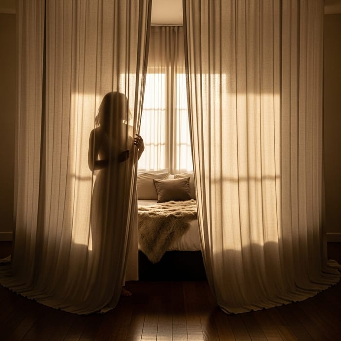 Elegant Silhouette of Woman Behind Circular Bed Curtains