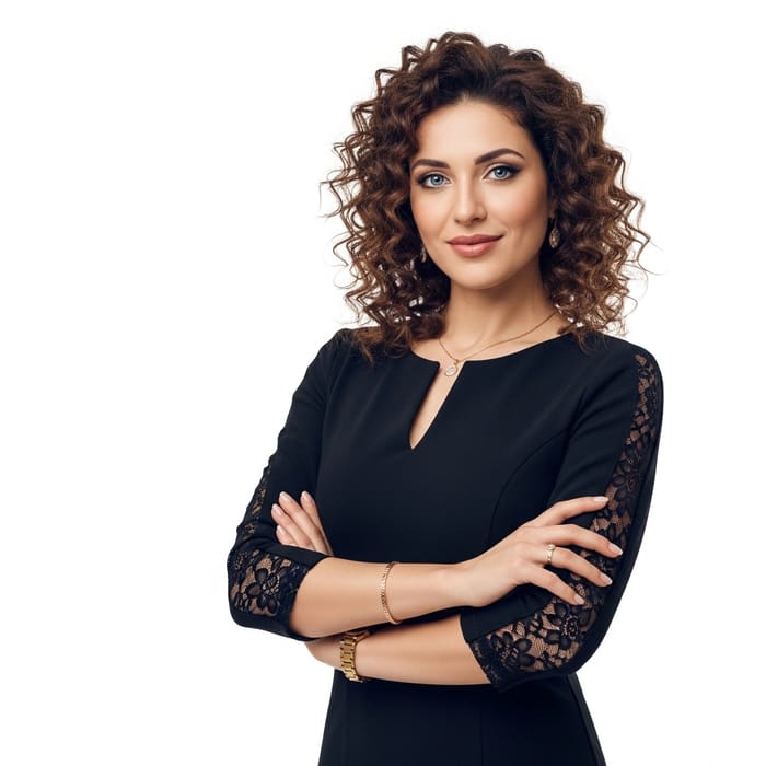 Realistic Portrait of Elegant Middle-Eastern Woman, 30, Blue Eyes, Studio Photography by MS Chiffer