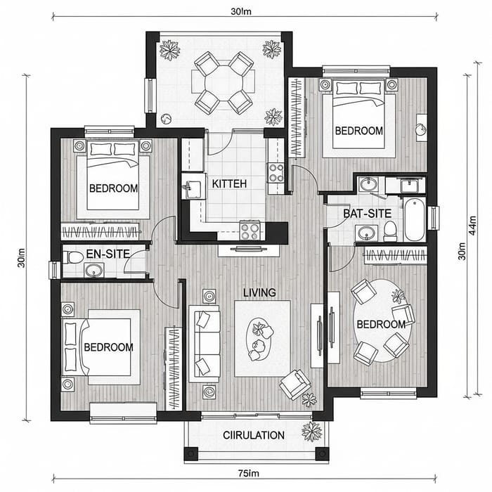 Detailed 3-Bedroom 30x40 House Floor Plan with 2 Bathrooms