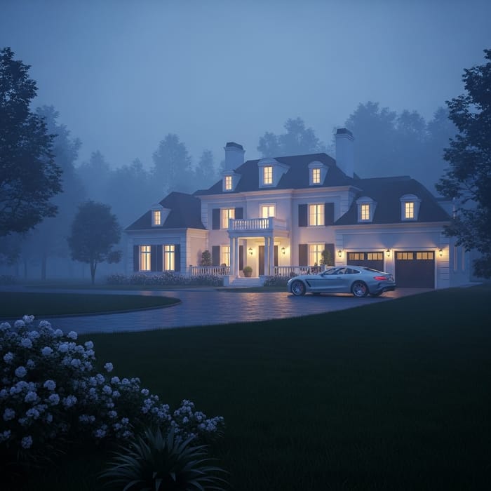 Tranquil Misty House and Luxury Audi in Surreal Night Scene Tranquil Misty House and Luxury Audi in Surreal Night Scene