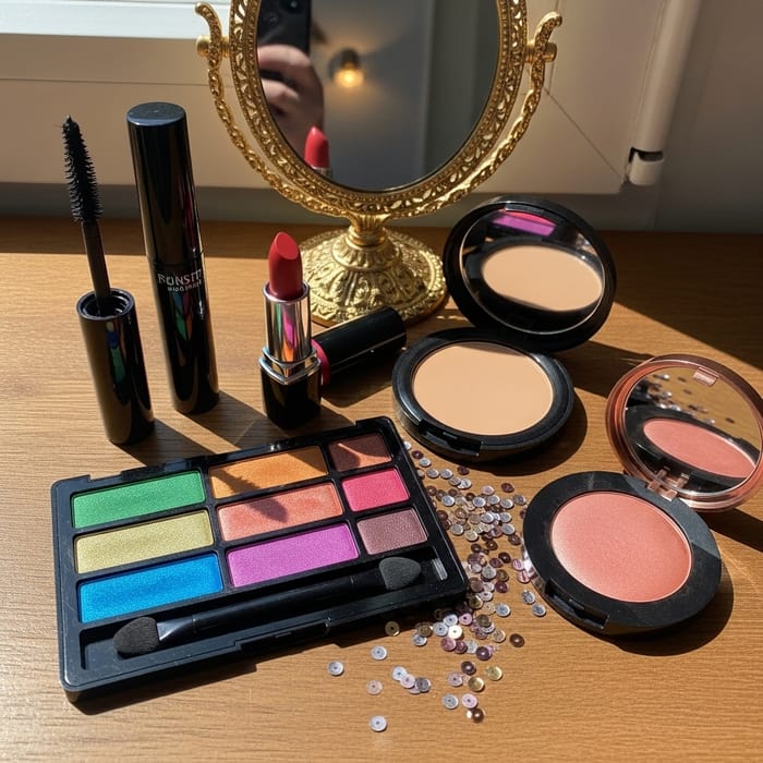 Vibrant Makeup Collection on Wooden Surface | Beauty Essentials