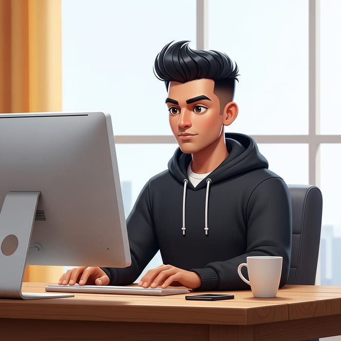 Modern Cartoon Character at Desk with Computer | Stylish Black Hoodie Look