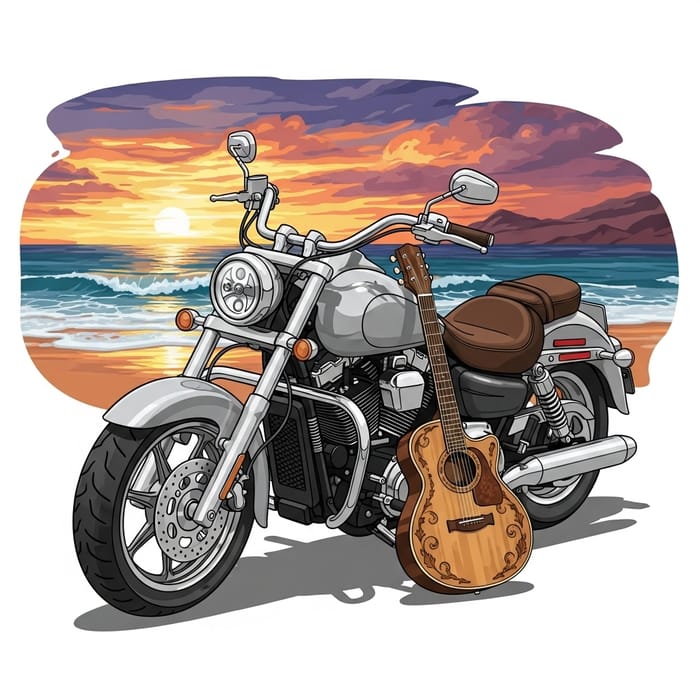 Motorcycle and Guitar: A Perfect Sunset Scene Motorcycle and Guitar: A Perfect Sunset Scene