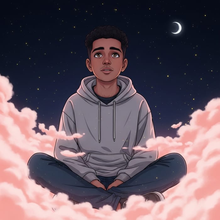 Teenage Boy in Pink Clouds under Midnight Sky with Yellow Stars