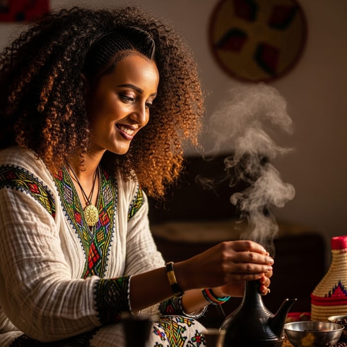 Ethiopian Woman Brewing Coffee: Smiling with Curly Hair Ethiopian Woman Brewing Coffee: Smiling with Curly Hair