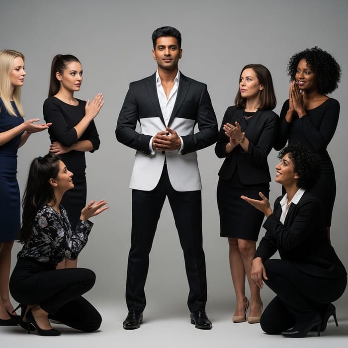 Charismatic Giga Chad Male in Sleek Black and White Suit Surrounded by Adoring Women