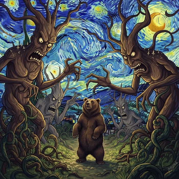 Whimsical Forest Scene with Bear & Scary Tree Monsters - A Fairy-Tale Fantasy