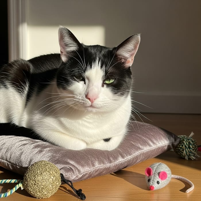 Cute Black and White Cat on Plush Cushion