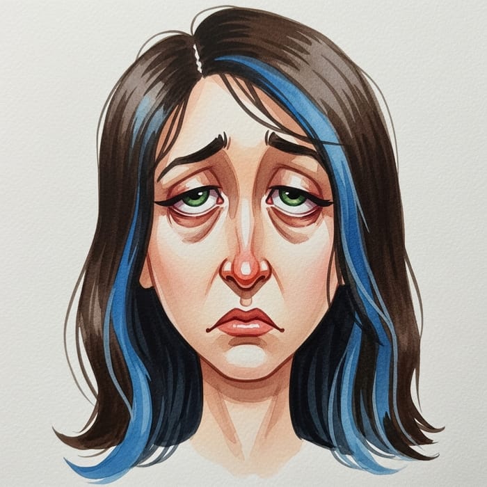 Realistic Tired Brunette Woman with Blue Highlights Watercolor Clipart Realistic Tired Brunette Woman with Blue Highlights Watercolor Clipart