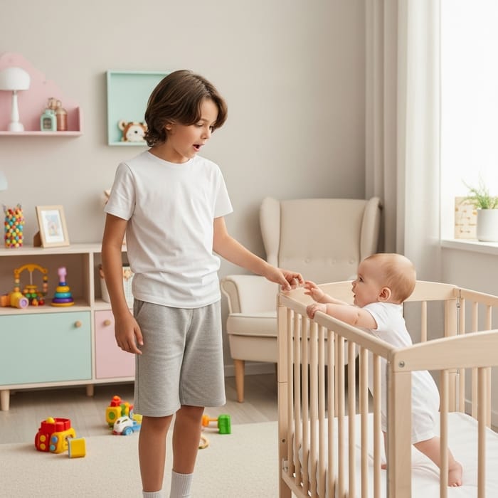 Curious 12-Year-Old Observes Baby in Cozy Nursery Setting