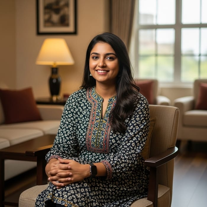 Indian Woman Age 24 Smiling in Cozy Room Indian Woman Age 24 Smiling in Cozy Room