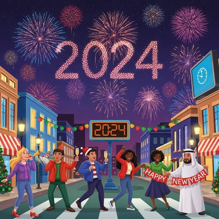 Happy New Year 2024 Festive Fireworks Celebration