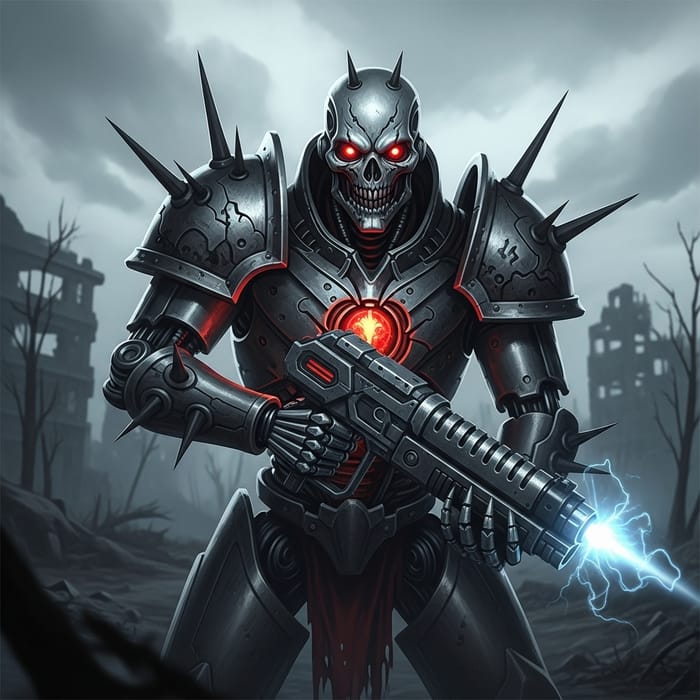 Horrific Robotic Warrior in Post-Apocalyptic Scene Horrific Robotic Warrior in Post-Apocalyptic Scene