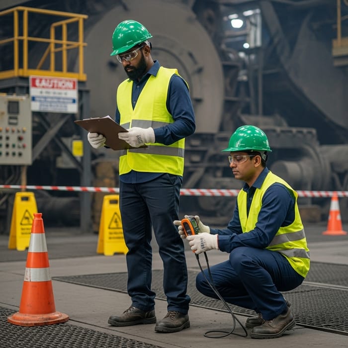 Diverse Indian Safety Officers Ensuring Safety Compliance | Blast Furnace Inspection