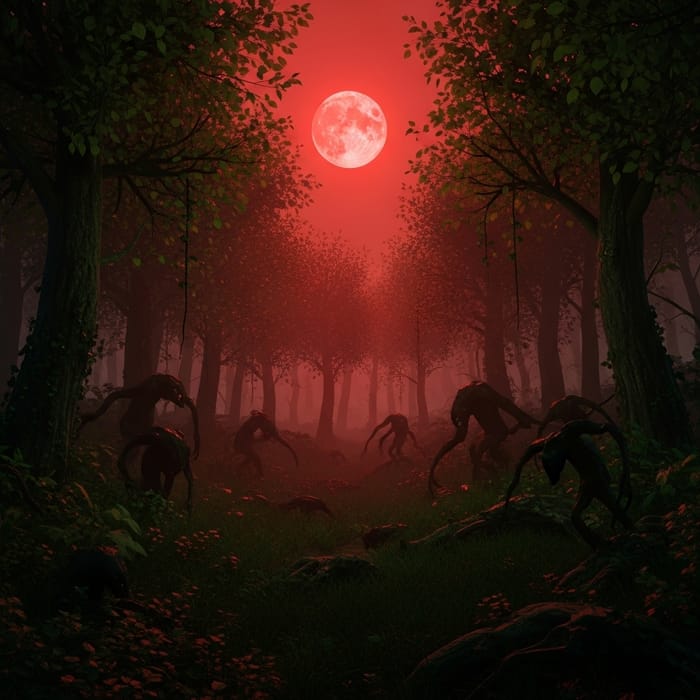 Enchanted Forest under Blood-Red Moon | Surreal Creatures Enchanted Forest under Blood-Red Moon | Surreal Creatures