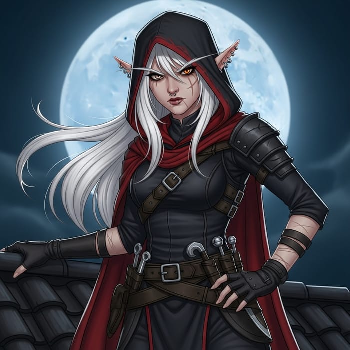 Fierce Half-Elf Rogue on Rooftop | Nighttime Moon Scene Fierce Half-Elf Rogue on Rooftop | Nighttime Moon Scene