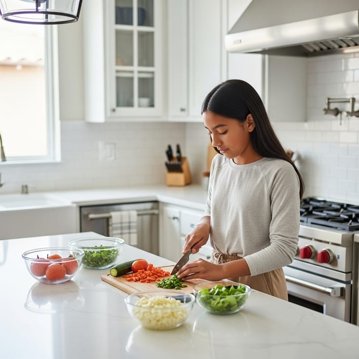 Youthful Hispanic Female Cooking in Chic Modern Kitchen Youthful Hispanic Female Cooking in Chic Modern Kitchen