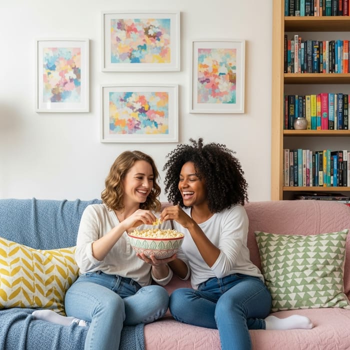 Cherishing Moments: Friends on Pastel Couch Laughing Cherishing Moments: Friends on Pastel Couch Laughing